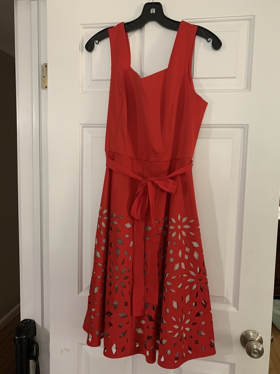 B0 NEW NUE BY SHANI Red & Nude Laser Cut Fit & Flare Dress Size 14