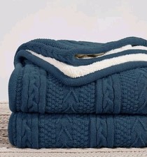 NEW Acrylic Cable Knit Sherpa Oversize 80x60 Throw Blanket-Thick,Soft, Cozy BLUE