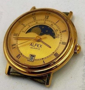 Authentic Alfex Moonphase Gold-Plated Quartz Date Watch | Swis Dead battery