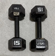 VINTAGE TSA 15 LBS Dumbbell Pair Cast Iron Hex Weights 30 LBS TOTAL Black