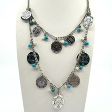 Vintage Silver Tone Boho Layered Statement Necklace Turquoise Color Beaded Coin
