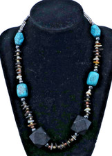 Vintage Turquoise  Black Geometric Beaded Statement Necklace Southwestern Boho