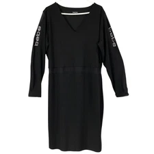 BEBE Black Long Sleeve V Neck Sheath Dress Rhinestone Logo Embellished Sz 18/20