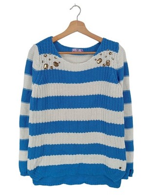 AJC Grobstrickpullover Damen Pullover Gr. DE 36 weiß-blau Casual-Look
