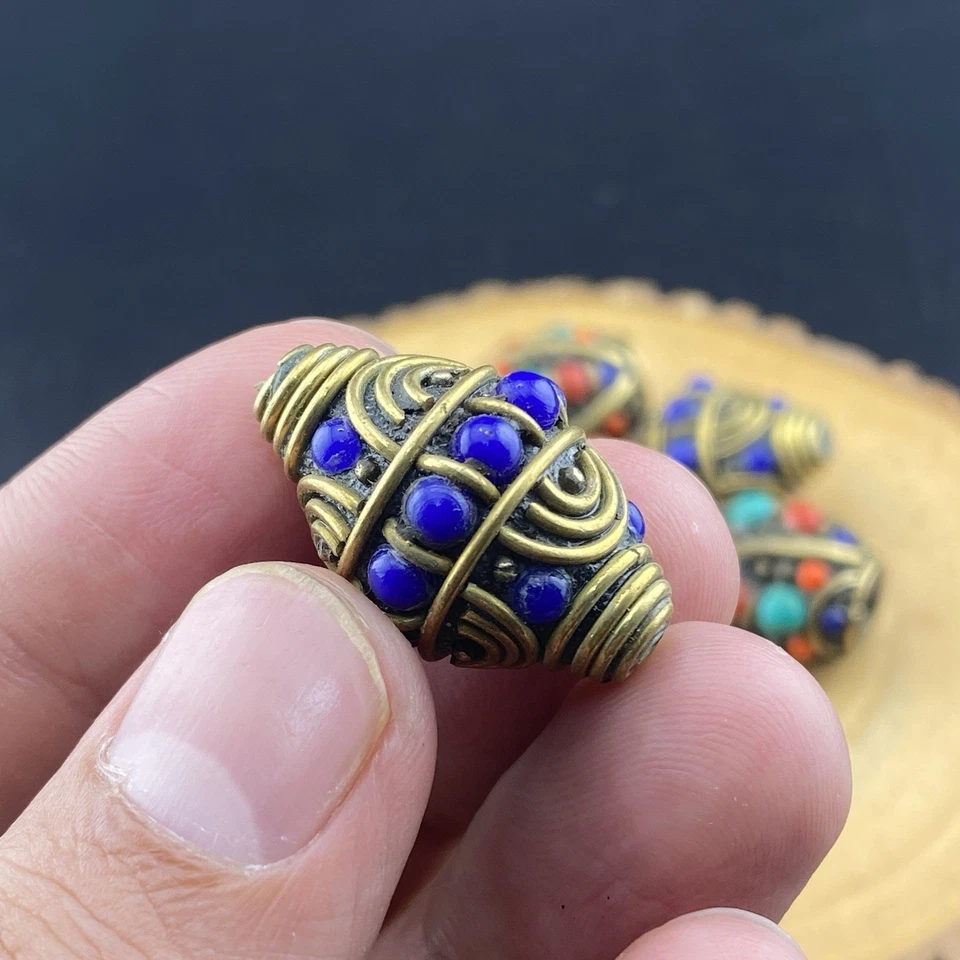 Tibetan Nepal Jewelry Artisan Handmade Brass Turquoise Lapis Coral 8 Masala bead - Image 4 of 4