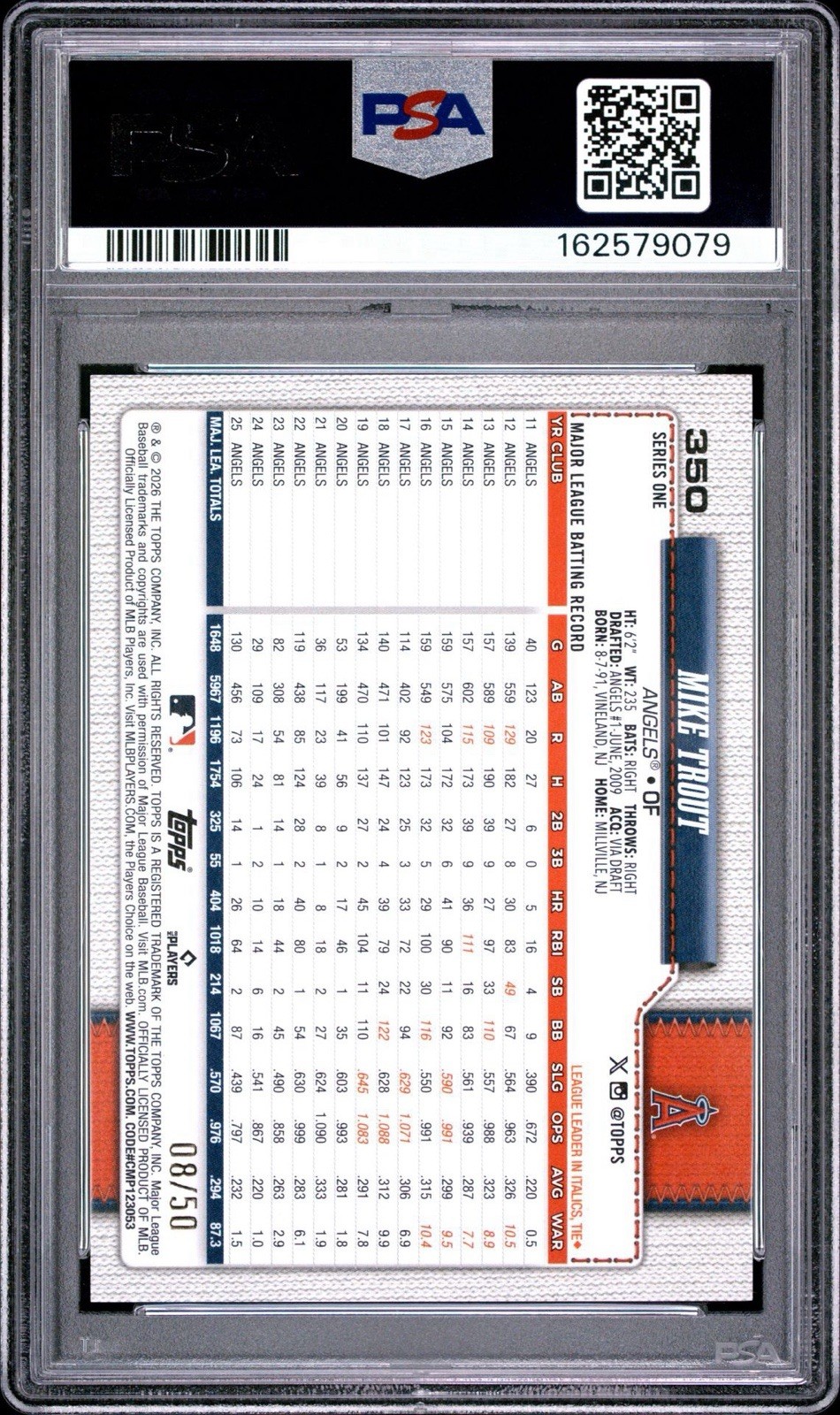 2026 Topps Mike Trout #350 Gold Holo Foil /50 Angels PSA 7 MVP view 2