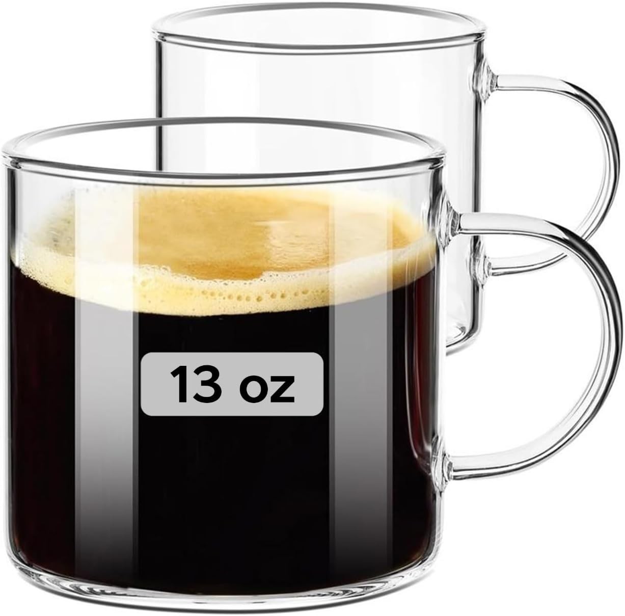 Bexter Pack of 2 Clear Glass Coffee Mugs – 13 oz Heavy-Duty 13 oz, 