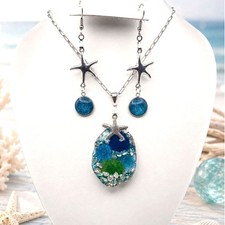 Handmade Ocean Starfish Resin Pendant Necklace Matching Earrings Set