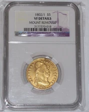 1802/1 CAPPED BUST GOLD HALF EAGLE $5 COIN - NGC VF DETAILS MOUNT REMOVED
