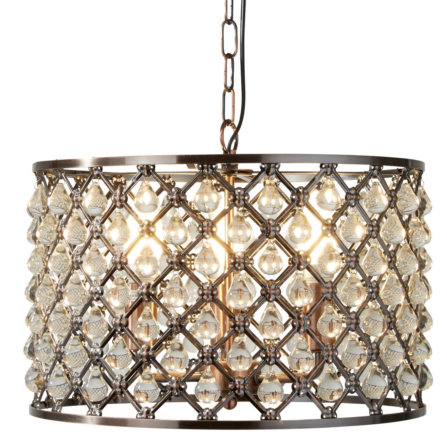 3 Lights Antique Copper Trim Ceiling Fitting Pendant Light with Glass Tear Drop