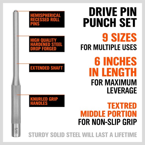 9-Piece Roll Pin Punch Set - Fast Removal - Durable 1/16”-5/16”, Silver - Bild 5 von 7