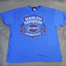 Harley-Davidson Shirt Mens 2XL Blue Made in USA Ranch Dealer Tee Flag Graphic