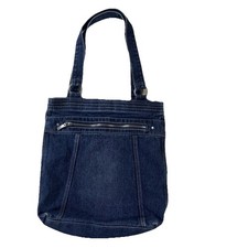 Denim Tote Bag Blue Cotton Shoulder Purse Zipper Pocket Medium