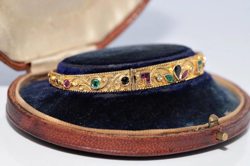 Vintage Circa 1980s 18k Gold Natural Diamond And Emerald Sapphire Ruby Bracelet - Image 3 of 4
