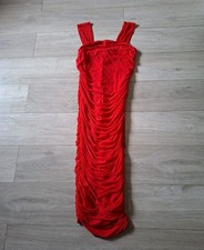 Shein Red Stretch Mesh Ruched Midi Bodycon Dress Strappy Party Holiday UK12/14