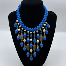 Vintage Blue beads Waterfall cascading Bib Choker Necklace SMALL AROUND