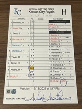 2021 GAME USED KANSAS CITY ROYALS BASEBALL UMPIRE LINE UP CARD 9/18 KRIS BUBIC