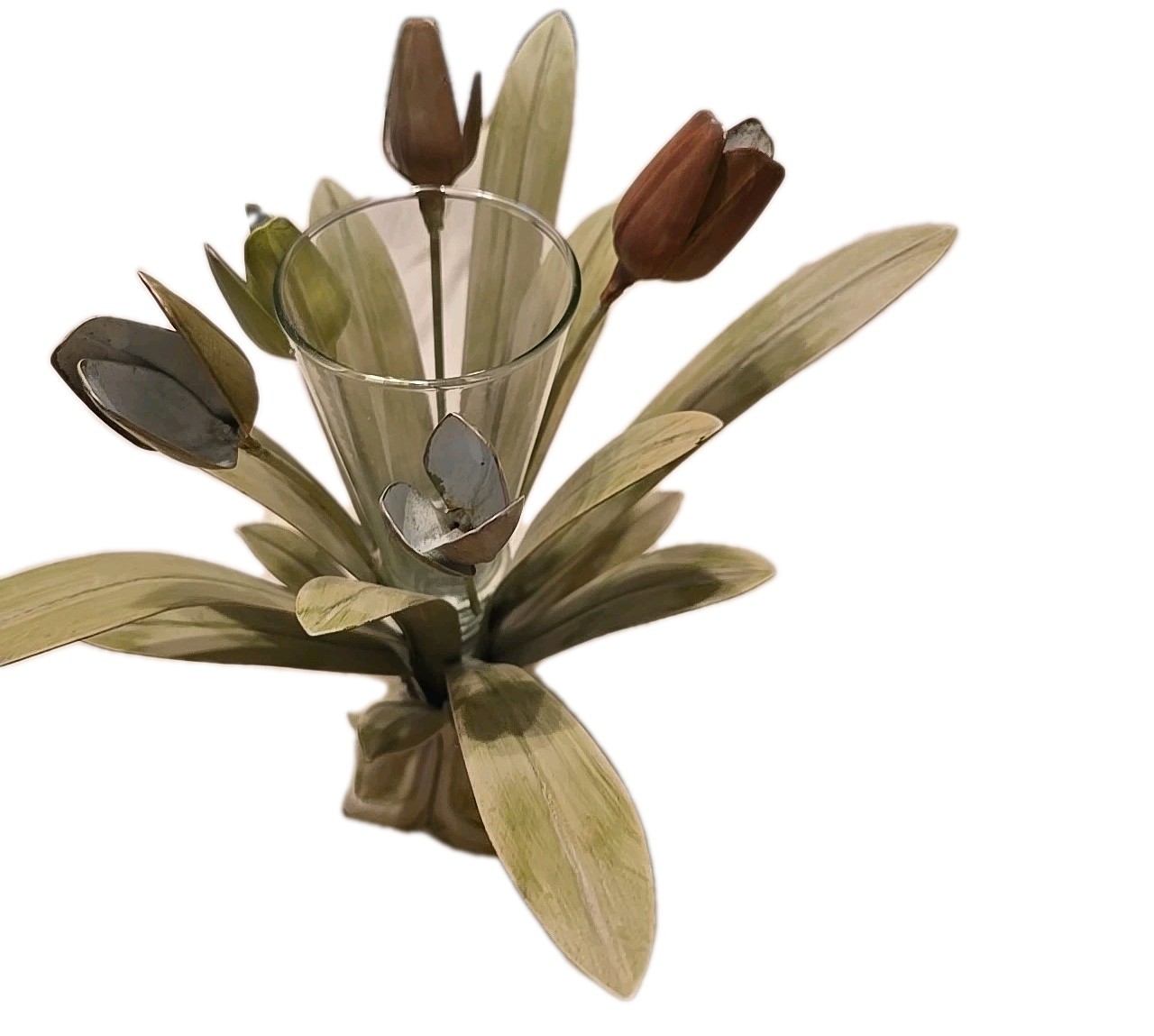 Italian Tole style Heavy metal bouquet Of Tulips  Glass Vase Inside Weighs 3 Pds