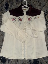 Vtg 90s Ivory Wrangler Western Pearl Snap Shirt Womens L Embroidered Studded