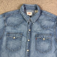 Levis Shirt Mens S Blue Washed Denim Pearl Snap Western Rodeo Work Short Sleeve