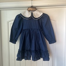 Vintage Girls size 6 Dress Martha  s Miniatures Navy Blue Tie Waist Cottagecore