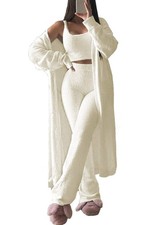 Women Fuzzy Fleece 3 Piece Pajama Set Tank Crop Tops Pants Open Front Cardiga...