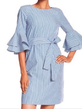Nine West Blue Striped Crisp Cotton Poplin Ruffle Bell Sleeve Shift Dress 10