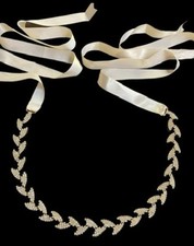 Gold-tone Bridal Belt Rhinestone With Ivory Ribbon Wedding Dress Belt