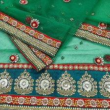 Indian Vintage Heavy Bridal Green Net Dupatta Hand Embroidered Zardozi Zari Veil