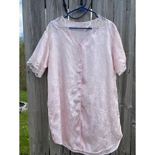 Vintage Style Pink Satin Floral Jacquard Nightgown Button Front Lace Trim Medium