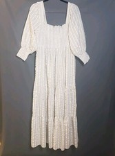 ASOS Dress Womens 12 Beige White Stripped Smocked Puff Sleeves Tiered Peasant 