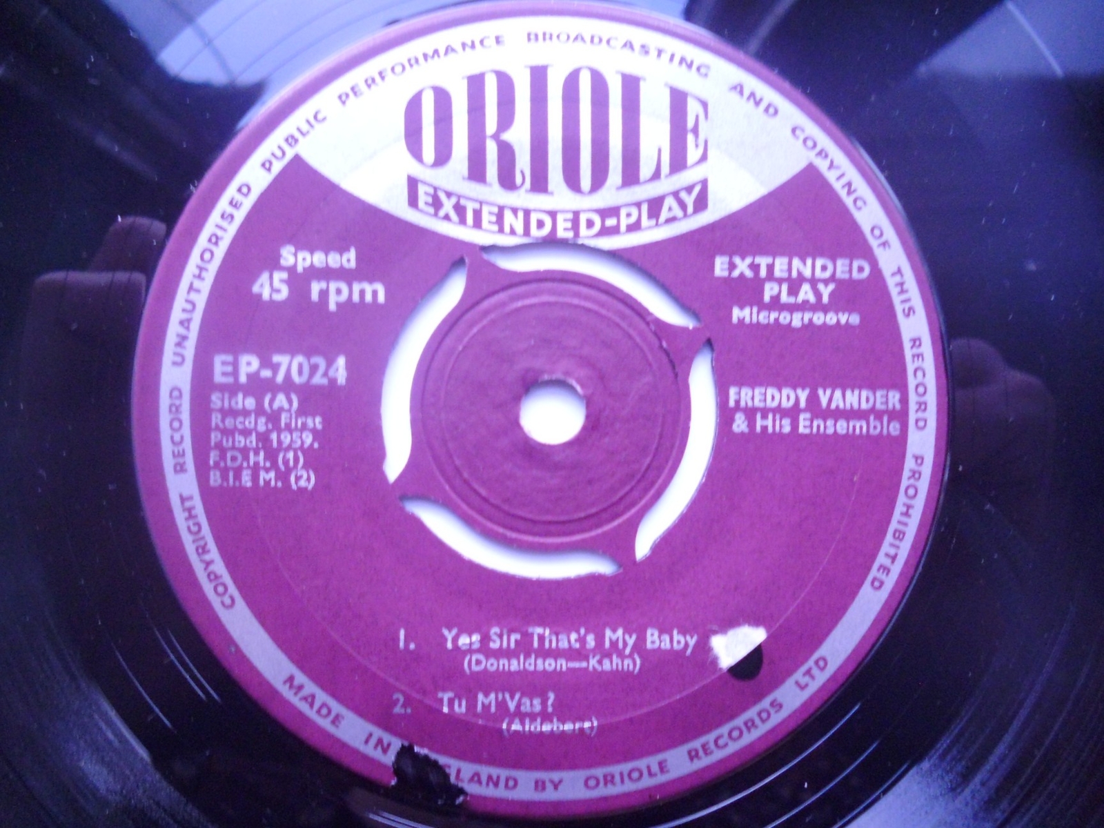 Freddy Vander Freddy Vander & His Ensemble EP Oriole EP7024 EX 1959 Freddy Vande