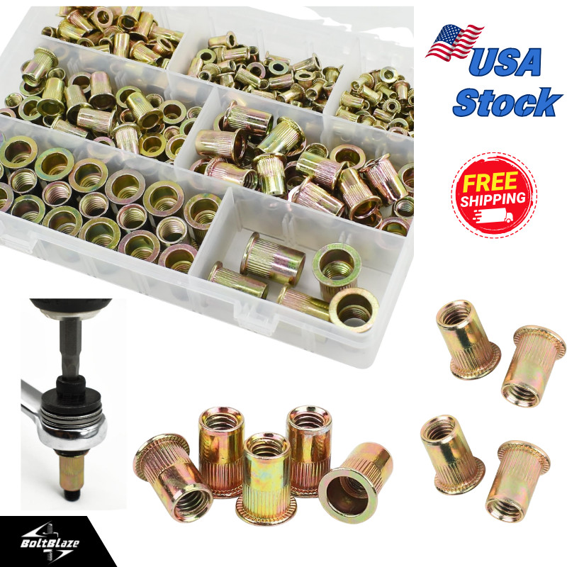 175Pcs Zinc-Plated Carbon Steel Rivet Nut Kit, M3-M10 Assorted Sizes, Flat Heads