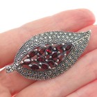 & Marcasite Floral Leaf Pin Brooch 925 Sterling Silver Vintage Real Red Garnet