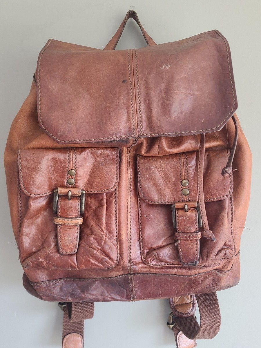 Fossil Vintage Drawstring Backpack Purse Rucksack Leather Brown