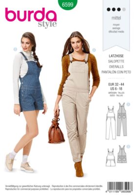 Burda 6599 Sewing Pattern Miss Bibbed Pants Bib Overall Trousers Pattern Sz 6-18