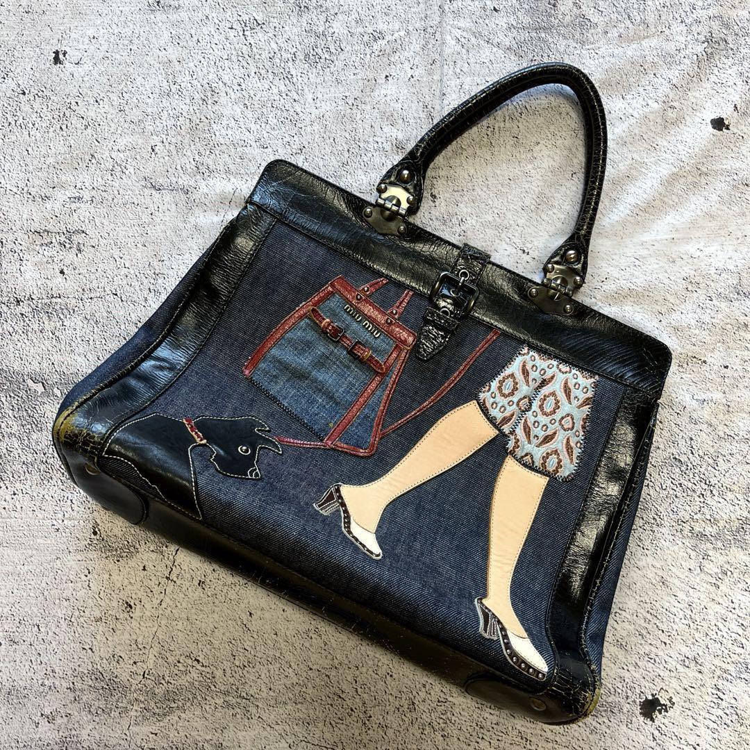 Authentic Miu Miu Damage Crackle Denim Handbag with Embroidery 