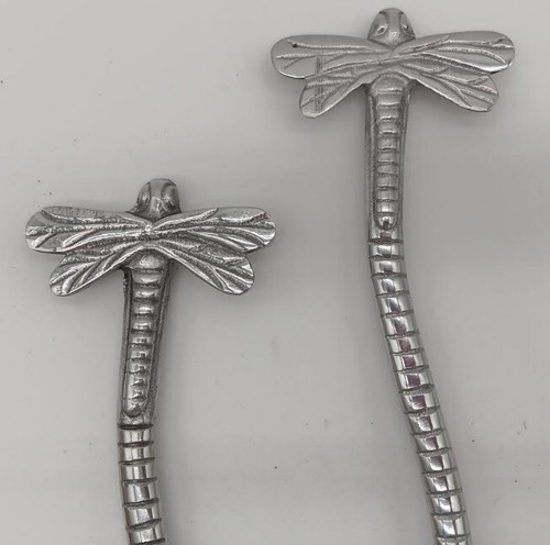 Salad Fork & Spoon Serving Set, Dragonfly Motif, Metal, Made in India, 14" Heavy - Picture 2 of 4