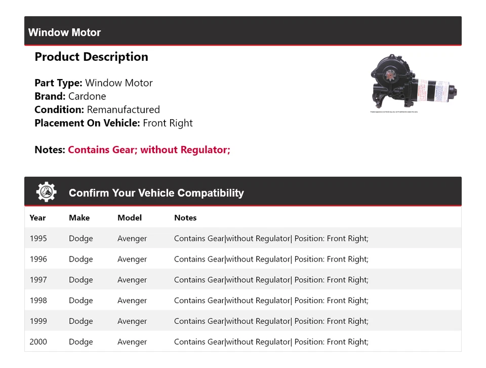 Передний правый оконный мотор Cardone для Dodge Avenger 1995-2000 годов выпуска 1996 1997 1998 1999 годов выпуска - Изображение 2 из 4