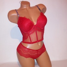 Victoria Secret Bra Set 32D Push Up Small Thong Panty Red Shine Strap Lace New