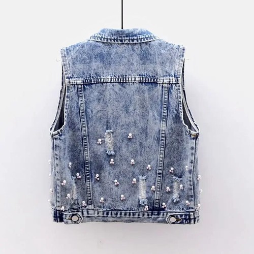 Damen Jeansjacke Perlen Blumen kurze Jeansjacke ärmellose Weste Weste Freizeit - Bild 17 von 24