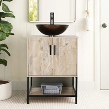 24" Bathroom Vanity Set W/Tempered Glass Vessel Sink Cabinet Oak