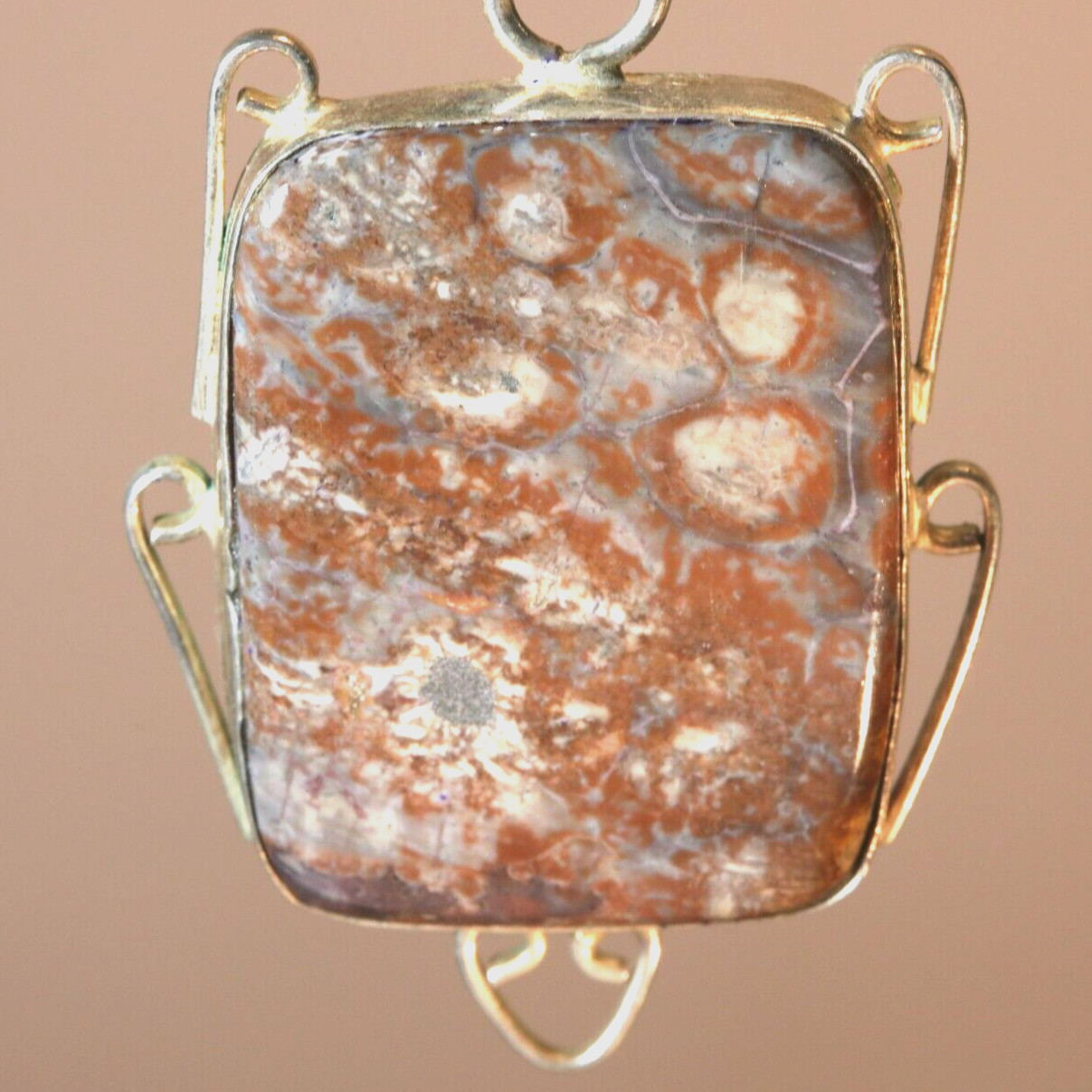 Vintage rectangular Leopard Jasper PENDANT set in… - image 1