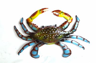 12'' CRAB BLUE METAL WALL SCULPTURE GARDEN ART TROPICAL ISLAND BEACH DECOR WALL