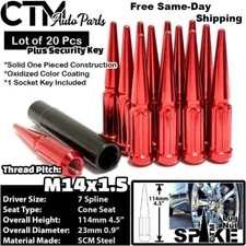 20x 4.5" Tall 14x1.5 Red Spline Spike Lug Nut + Key Fit Buick Cadillac Chevy