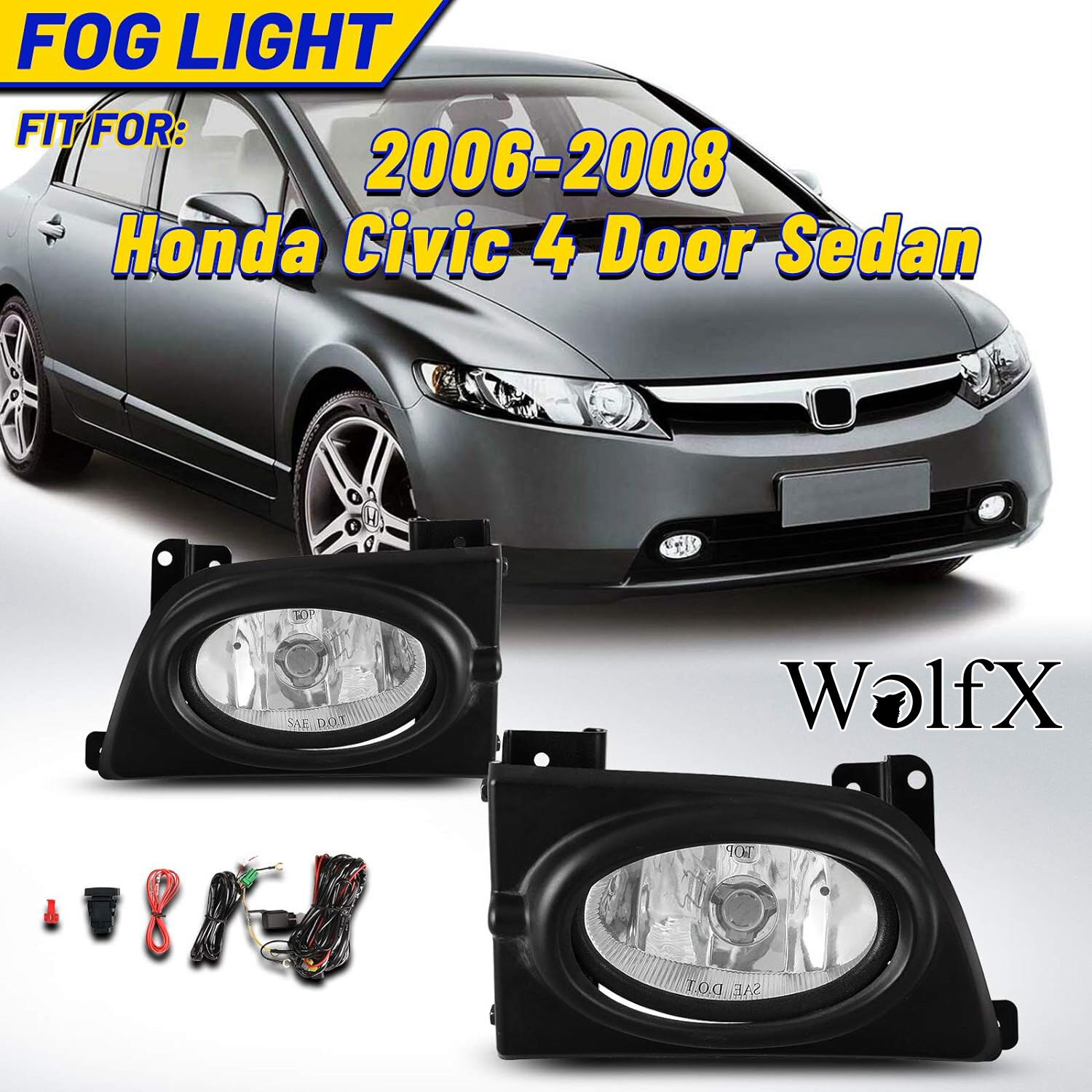 Clear Bumper Fog Lights For 2006-2008 Honda Civic 4 Door Sedan+Wiring+Switch Kit