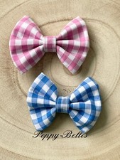Handmade pink or blue gingham bow dog/pet bow tie slide on collar