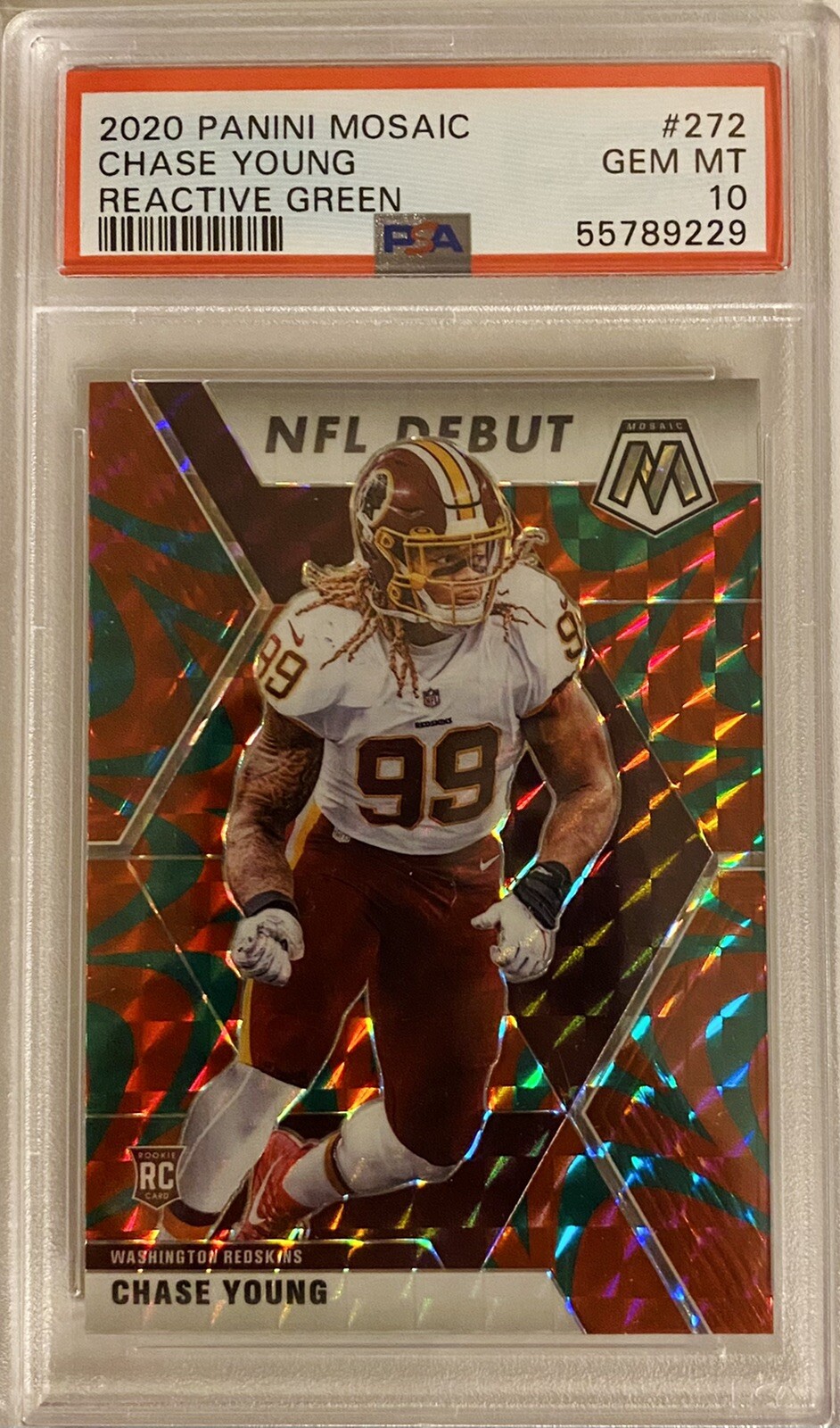 2020 Panini Mosaic Reactive Green Chase Young NFL DEBUT RC #272 PSA 10 GEM MINT