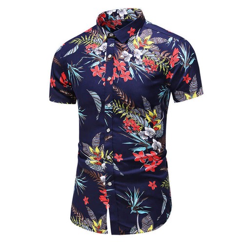 Men's Slim Fit Short-Sleeve Printed Shirt, Pointed Collar, Polyester Blend, Casu - Picture 74 of 80