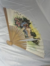 Vintage 1970s Chinese Paper and Bamboo Fan Hand Painted Wall Decor Art Asian